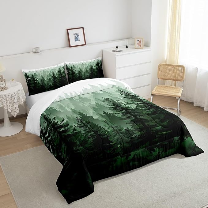 Feelyou Fog Forest Comforter Botanical Pine Trees Comforter Set for Boys Girls Children Watercolor Style Green Comforter Set Room Decor Queen Size Duvet Set 3Pcs