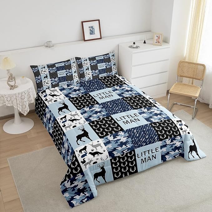 Manfei Camo Deer Antlers Comforter Set King Size Geometric Checkered Patchwork Bedding 3pcs for Xmas Decor, Boho Arrows Animals Quilt Set, Blue Rustic Duvet Insert, 2 Pillowcases (WWS10844GYY-BZ_USk)