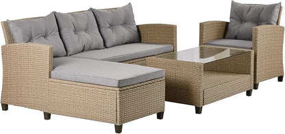 Outdoor Patio Furniture Sets, 4 Piece Rattan Conversation Sofa Wicker Sectional Couch with Chaise Lounge, Single Sofachair, Seat Cushions and Glass Table, for Garden Backyard Deck, Gray