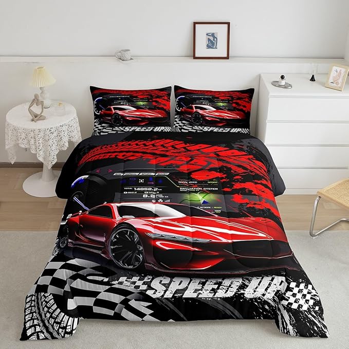 Feelyou Kids Boys Girls Red Race Car Comforter Set King Size, Sports Car Comforter Comforter Set for Teens Toddler Race Car Bedding Set Racing car Duvet Set Bed Set Room Decor Bedding Collection