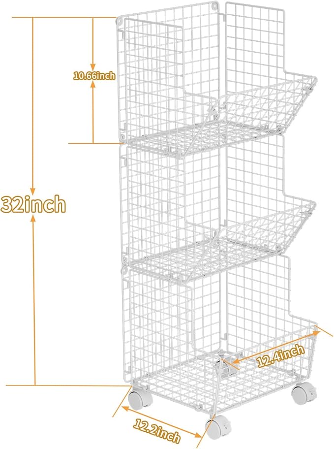 3 Tier Rolling Wire Toy Organizer Basket - with Wheel, S-Hooks, Toy Storage Cart Wall Bookshelf for Kids Room, Playroom, Bedroom (White, Standard)