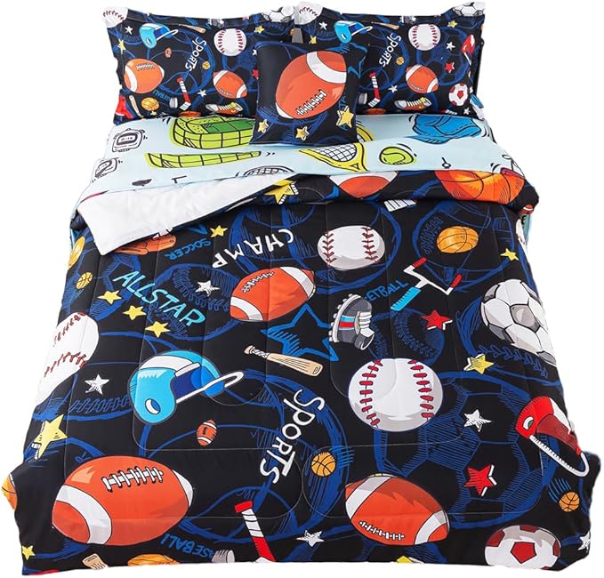 ADASMILE A & S Sports Comforter Set Twin for Boys Kids Bed in A Bag Comforter 6 Piece 3D Soccer Basketball Baseball Football Bedding Set for Kids Football Comforter with Sports Sheet Sets Home Decor