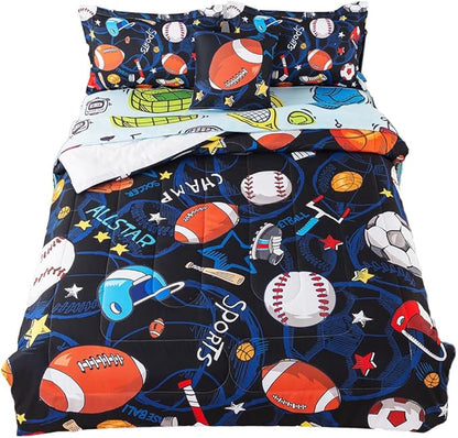 ADASMILE A & S Sports Comforter Set Twin for Boys Kids Bed in A Bag Comforter 6 Piece 3D Soccer Basketball Baseball Football Bedding Set for Kids Football Comforter with Sports Sheet Sets Home Decor