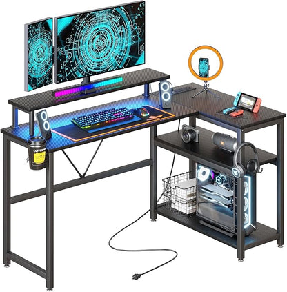 L Shaped Gaming Desk with Power Outlets & LED Strip Lights,Computer desk with Large Monitor Stand,Corner Desk with Storage Shelf,Headphone Hook&Cup Holder for Home Office