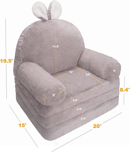 Kids Couch Fold Out Soft Toddler Chairs,Toddler Armrest Chair Bed for Play,Gift for 0-3 Years,Grey Bunny