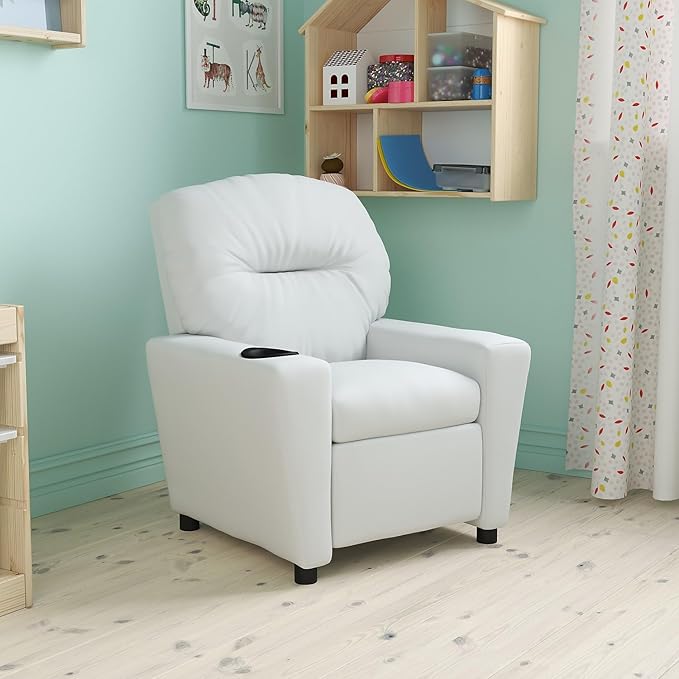 Flash Furniture Chandler Vinyl Kids Recliner with Cup Holder and Safety Recline, Contemporary Reclining Chair for Kids, Supports up to 90 lbs., White