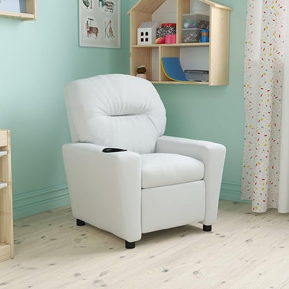 Flash Furniture Chandler Vinyl Kids Recliner with Cup Holder and Safety Recline, Contemporary Reclining Chair for Kids, Supports up to 90 lbs., White