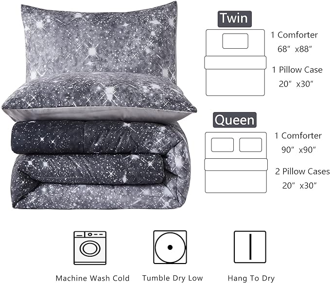 Grey Glitter Comforter Set Full/Queen Size for Boys Teen, Sparkle Galaxy Twinkle Starlight Comforter for Kids Adult, 3 Piece Black Grey Ombre Bedding Set with 2 Pillow Cases(Grey,Queen)