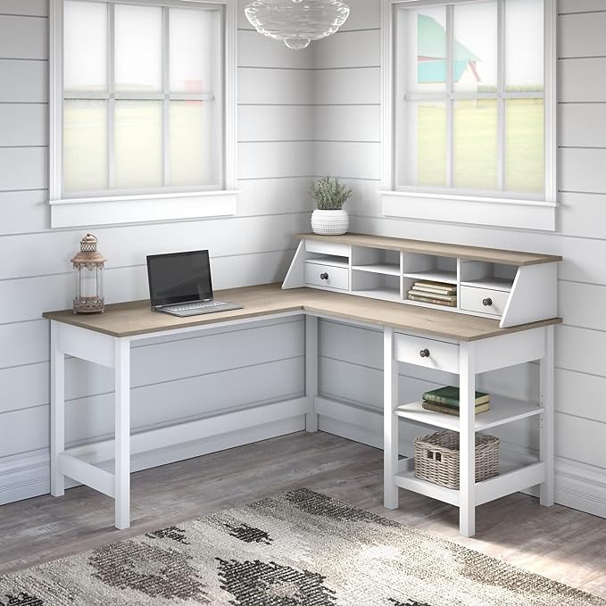 Bush Business Furniture Mayfield L Shaped Computer Desk Desktop Organizer | Storage for Home Office Workspace, 60W, Shiplap Gray/Pure White