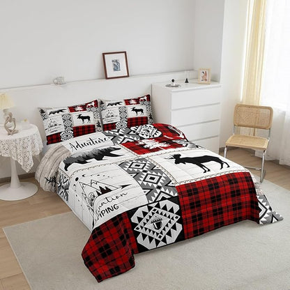 Deer Antlers Bear Kids Comforter Set Full Size,Plaids Aztec Arrows Patchwork Bedding Set for Boys Girls Adults Room Decor,Rustic Adventure Xmas Down Comforter,Red Retro Duvet Insert,2 Pillowcases