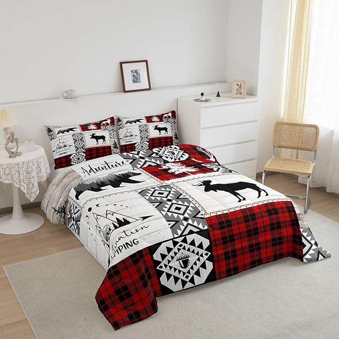 Deer Antlers Bear Kids Comforter Set Queen Size,Plaids Aztec Arrows Patchwork Bedding Set for Boys Girls Adults Room Decor,Rustic Adventure Xmas Down Comforter,Red Retro Duvet Insert,2 Pillowcases