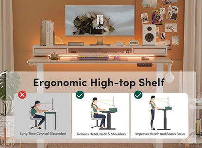 FEZIBO 55 × 26 Inch Electric Standing Desk with Monitor Stand, Height Adjustable Table with LED Strips, Ergonomic Home Office Desk with 2 Drawers Storage Gaming Workstation, Light Walnut