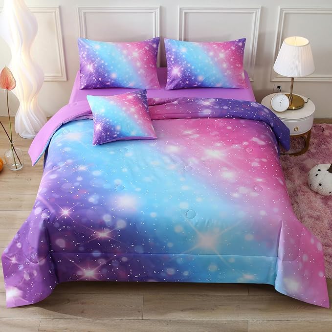 JQinHome Glitter Bedding Set Twin Size,6 Piece Bed in A Bag 3D Colorful Rainbow Galaxy Comforter Set for Girls Kids-All Season Microfiber Tie-Dye Bedding Sets(Blue Purple)