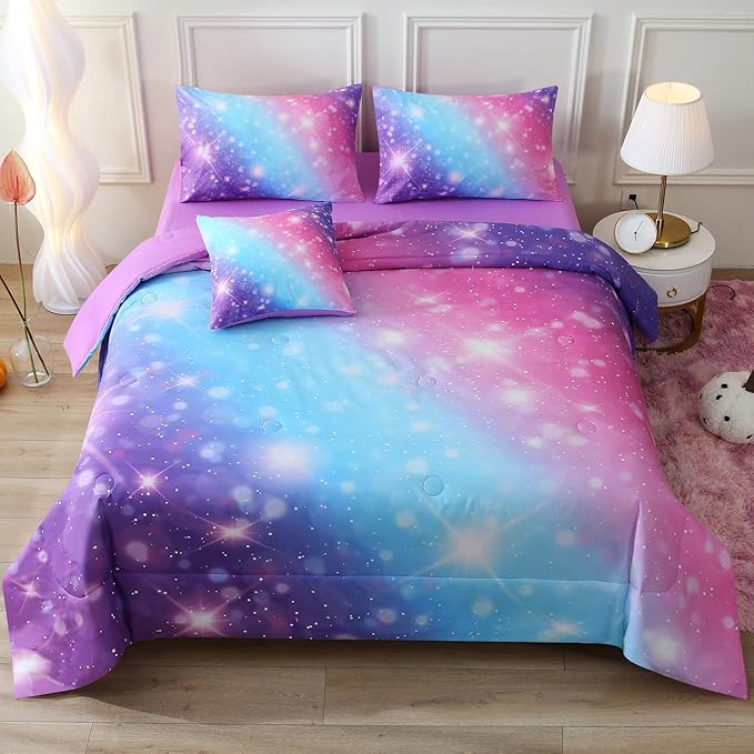 JQinHome Glitter Bedding Set Full Size,6 Piece Bed in A Bag 3D Colorful Rainbow Galaxy Comforter Set for Girls Kids-All Season Microfiber Tie-Dye Bedding Sets(Blue Purple)