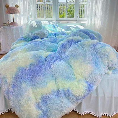 Faux Fur Kids Girls Green Rainbow Comforter Sets Twin/Full - 3PC Bed Set Warm Comfortable Soft Plush Flannel Velvet Fluffy Fuzzy Bedding（Comforter x 1 Pillowcases x 2）