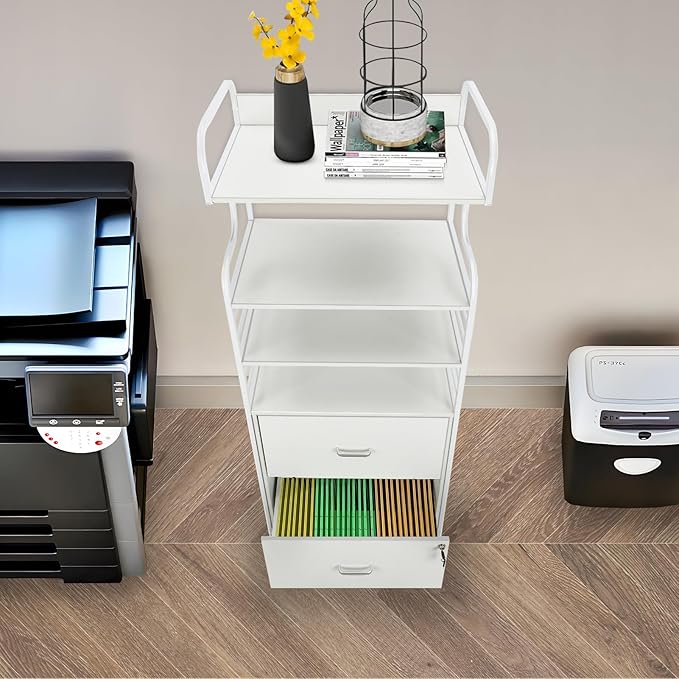 Vertical File Cabinet, 2 Drawer Mobile Filing Cabinet with 3 Bookshelf, Printer Stand with Open Storage Shelves Fits A4/Letter/Legal Size File Cabinets for Home Office Organizer, White