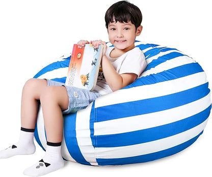 Lukeight Stuffed Animal Storage Bean Bag Chair Cover for Kids, Zipper Beanbag Chair Cover for Organizing Toddler & Kids' Rooms Plush Toys (Blue+White Velvet, Large)