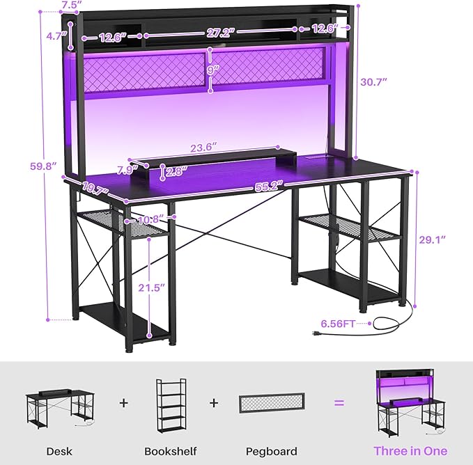 armocity 2024 Upgrade Gaming Desk with Hutch, 55.2'' Magic Computer Desk with LED Lights and Outlets, Reversible Workstation Desk with Pegboard and Monitor Stand, Gamer Desk PC Table, Black