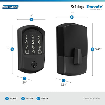 SCHLAGE BE489WB GRW 622 Encode WiFi Deadbolt Smart Lock, Keyless Entry Touchscreen Door Lock with Greenwich Trim, Matte Black