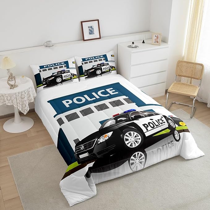 Children Police Car Comforter Set, 3D Car Pattern Down Comforter Full Size for Kids Boys Girls Teens Bedroom, Cartoon Automobile Quilted Duvet, Decorative 3 Piece Bedding Set with 2 Pillow Cases