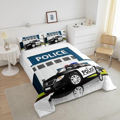 Erosebridal Police Car Comforter Sets King Size, Policeman Boys Bedding Set for Kids Boys Children Teens Bedroom Decor, Polica Vehicle Quilt Cartoon Automobile Duvet Insert with 2 Pillow Cases