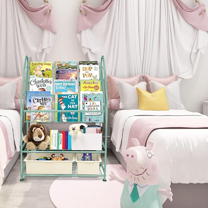 aboxoo Metal Kids Bookshelf Green Bookcase Freestanding for Children Room 24 in Toy Organizer Green Stable Bookcase Bookstore Library Book Unit Storage