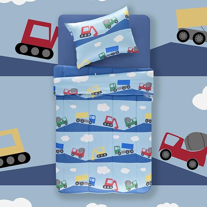 SLEEP ZONE Full/Queen Size Comforter Set for Children, Durable Jersey Knitted Bedding for All Seasons with 1 Comforter(66"x90"), 2 Pillow Cases(20"x26") (Bulldozers,Full/Queen)