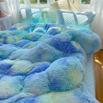 Faux Fur Kids Girls Green Rainbow Comforter Sets King - 3PC Bed Set Warm Comfortable Soft Plush Flannel Velvet Fluffy Fuzzy Bedding（Comforter x 1 Pillowcases x 2）