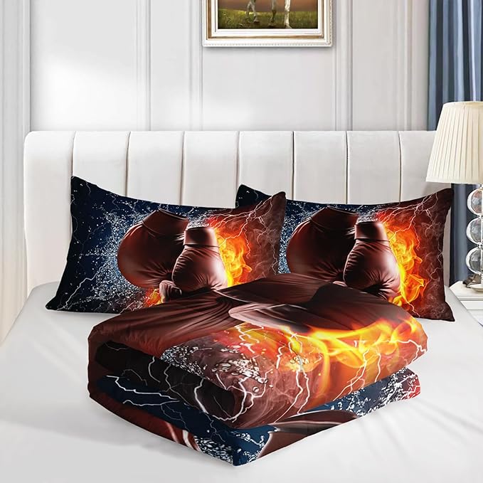 Axolotl Boxing Bedding Set Queen,Sports Theme Comforter Set Boxing Gloves Pattern Bedding Set,Red Blue Cool Lightning Comforter Pugilism Games Bedding Set For Kids Boys Teens Men,1 Quilt 2 Pillowcases
