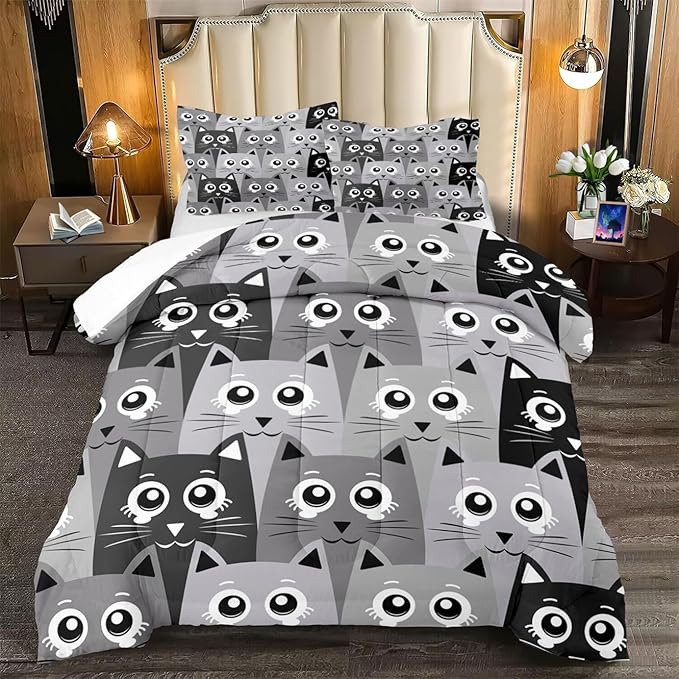 Cartoon Cat Bedding Set - 3Pcs Cute Cat Comforter Set for Bedroom Kids Boys Girls Cat Bedding Decor for All-Season Kawaii Kitten Pattern Lovely Animal 1 Cat Comforter with 2 Pillowcases, Full Size