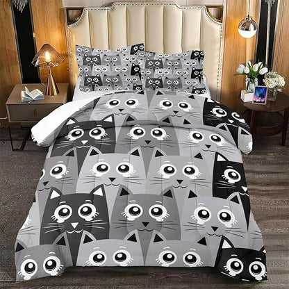 Cartoon Cat Bedding Set - 3Pcs Cute Cat Comforter Set for Bedroom Kids Boys Girls Cat Bedding Decor for All-Season Kawaii Kitten Pattern Lovely Animal 1 Cat Comforter with 2 Pillowcases, Full Size