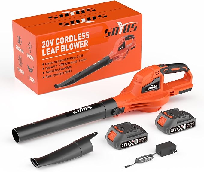 SOYUS Leaf Blower, 20V Leaf Blower Cordless with 2x2.0Ah Battery and Charger, 150 MPH Electric Leaf Blower with Two-Speed Mode, Blowers for Lawn Care, Debris Dust Cleaning(Orange)