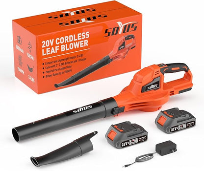 SOYUS Leaf Blower, 20V Leaf Blower Cordless with 2x2.0Ah Battery and Charger, 150 MPH Electric Leaf Blower with Two-Speed Mode, Blowers for Lawn Care, Debris Dust Cleaning(Orange)