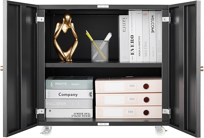 23.62" Metal Office Copier 2 Door and 360 ° Universal Wheel,Mobile Lateral Filing Cabinets w/Aluminum Alloy Handle,Rolling Printer Stand for Legal/Letter/A4,Black