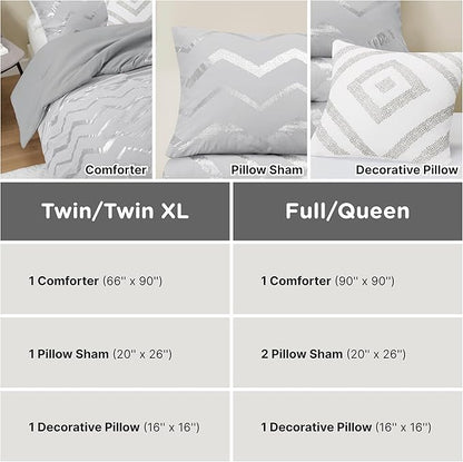 Codi Ziggy Metallic Grey Comforter Set Twin/Twin XL Size, Silver Bedroom Decor for Girls Room, 3 Piece Bedding Sets (2 Matching Sham + 1 Decorative Pillow)