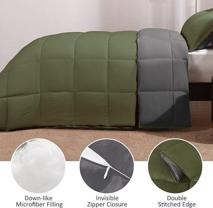 Basic Beyond Twin Comforter Set for Girls and Boys - Fluffy Twin Bed Comforter Set for All Seasons - Reversible Olive Green and Dark Grey Comforter Set - 2 Pcs (1 Comforter + 1 Pillow Sham)