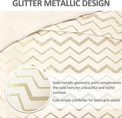 Girls Comforter Set Twin Size Cream Bedding Set Cute Metallic Gold Bed Comforter 3 Piece Lightweight Microfiber Comforter for Kids Teen