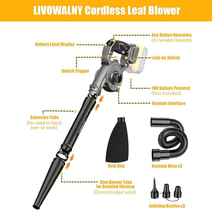 LIVOWALNY Lightweight Battery Leaf Blower: Cordless Battery Operated Blower for Dewalt 20v Battery - Electric Leaf Blowers & Vacuum 2-in-1 with 3 Speed Mode for Yard Driveway Patio Garage Sidewalk