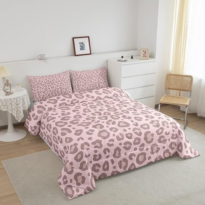 Pink Leopard Skin Comforter Leopard Print Comforter Set for Kids Boys Girls Africa Cheetah Printed Children Bedding Set Ultra Soft Decor Safari Animal Fur Pattern Duvet Set Full Size Quilt Set