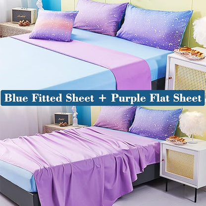 URBONUR Girls Comforter Set Queen 6PCS Gradient Purple Orange Glitter Moon Star Printed Bed in a Bag Soft Breathable Bedding Set for All Season (Star, Queen Size)