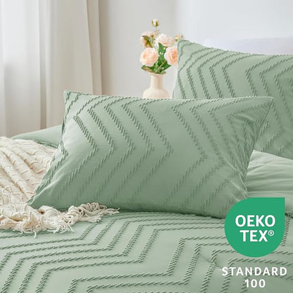 CozyLux Full Size Comforter Set Sage Green - 3 Pieces Boho Tufted Shabby Chic Bedding Comforter Set for All Seasons, Chevron Bedding Sets with Comforter & 2 Pillow Shams