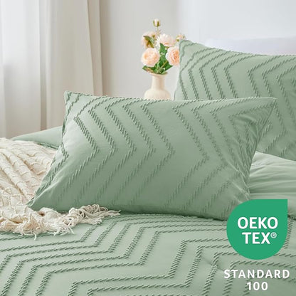 CozyLux King Size Comforter Set Sage Green - 3 Pieces Boho Tufted Shabby Chic Bedding Comforter Set for All Seasons, Chevron Bedding Sets with Comforter & 2 Pillow Shams