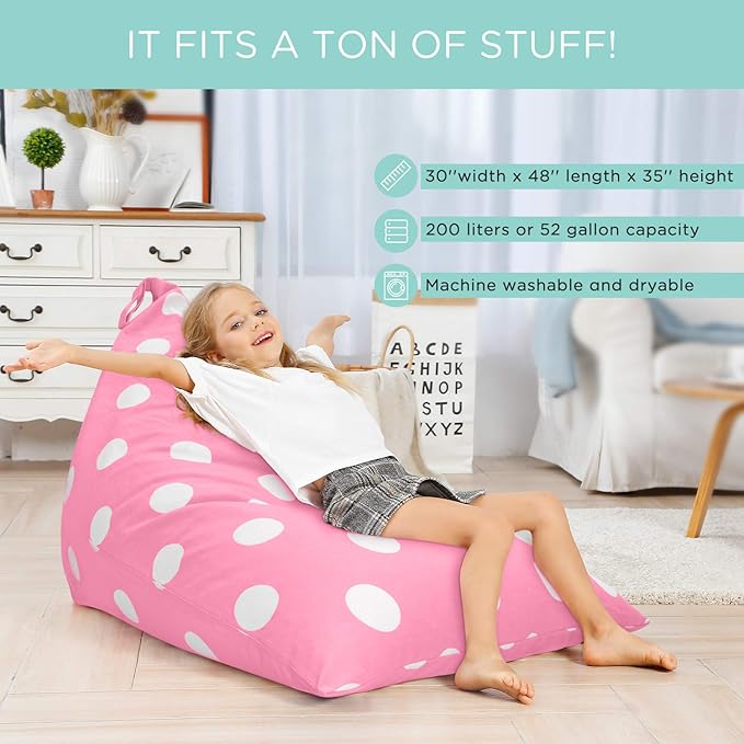 Aubliss Stuffed Animal Storage Bean Bag Chairs Cover, 50"x 35" Extra Large Bean Bags Chair for Kids & Adults, Beanbag Toy Storage for Boys Girls - Premium Cotton Canvas Pink Dot