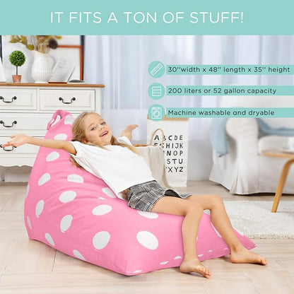 Aubliss Stuffed Animal Storage Bean Bag Chairs Cover, 50"x 35" Extra Large Bean Bags Chair for Kids & Adults, Beanbag Toy Storage for Boys Girls - Premium Cotton Canvas Pink Dot