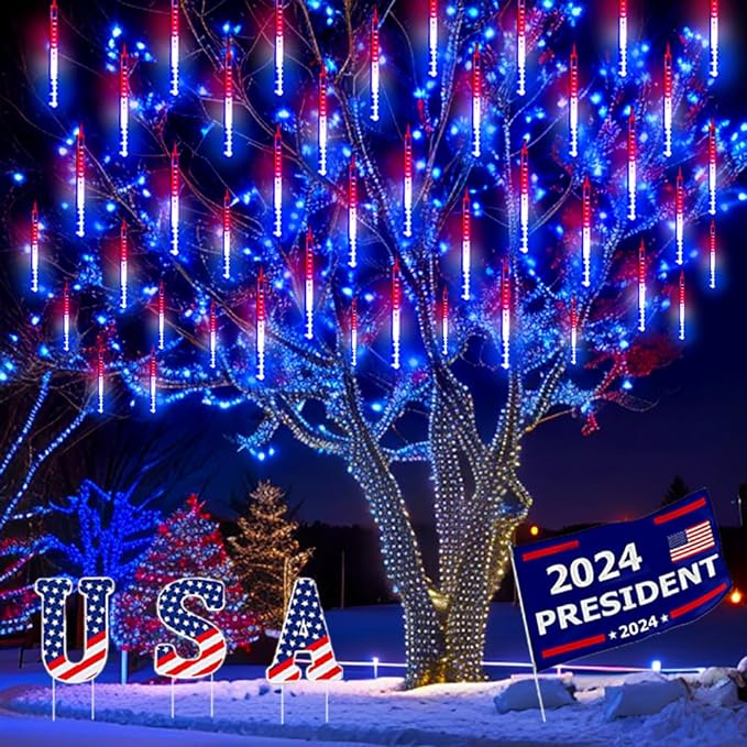 Kwaiffeo 4th of July Decorations Outdoor, Red White Blue Meteor Shower Lights for Independence National Memorial Day, Patriotic Flag Lights for 2024 American President Election Campaign, 8 Tubes