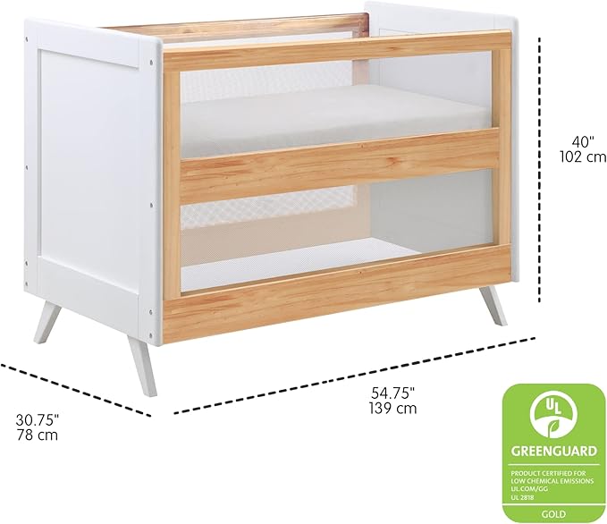BreathableBaby Breathable Mesh 3-in-1 Convertible Crib (Toddler Bed Kit Sold Separately) — Beech & White — Two Adjustable Mattress Heights — Greenguard Gold Certified