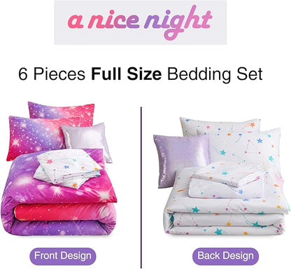 A Nice Night 6Pcs Gradient Glitter Bedding Set for Girls, Colorful Rainbow Galaxy Comforter Set, Ultra Soft Bedding Sets (Pink-Purple,Full 6Pcs)