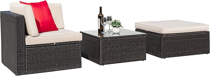 Greesum 3 Piece Patio Conversation Set Wicker Rattan Furniture Outdoor Sofa with Cushions,Pillows and Glass Table for Porch,Lawn and Yard, Beige