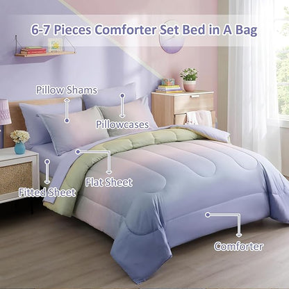 Dinjoy Girls Comforter Set Queen Size Colorful Rainbow Ombre Pink Purple Green Yellow Bedding Set Gradient 7 Pieces Bed in A Bag for Kids Teen Girl Women(1 Comforter, 1 Flat Sheet, 1 Fitted Sheet)