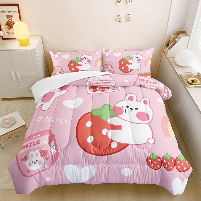 Strawberry Rabbit Comforter Set for Kids Teens Girls Women,Pink Bunny Kids Comforter,1 Comforter with 2 Pillowcase, Microfiber 3 Piece Bedding Set,for All Seasons(Pink，Twin Size)